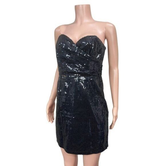 Forever 21 Black Strapless Sequin Mini Dress Size L Party Cocktail Evening - Picture 14 of 16
